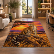 Leopard at Savanna Sunset Rug in a living room with a desk and large windows
