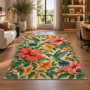Hummingbirds and Hibiscus Rug in a living room with a desk and large windows