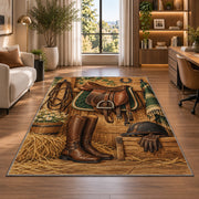 Saddle and Riding Boots Rug in a living room with a desk and large windows