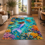 Coral Reef Mermaid Top View Rug in a living room with a desk and large windows