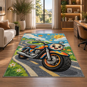 Cute Cartoon Motorcycle Kids Rug in a living room with a desk and large windows