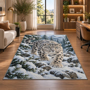Snow Leopard in Pine Forest Rug in a living room with a desk and large windows