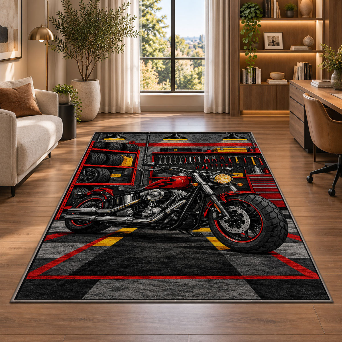 Motorcycle Garage Rug in a living room with a desk and large windows