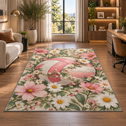 Volleyball and Wildflowers Rug in a living room with a desk and large windows
