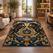 Heraldic Rearing Horses Rug in a living room with a desk and large windows