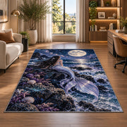 Mermaid Under the Moon Rug in a living room with a desk and large windows