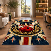 Classic Bowling Crest Rug in a living room with a desk and large windows