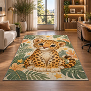 Cute Leopard Cub Nursery Rug in a living room with a desk and large windows