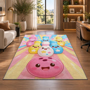 Cute Cartoon Bowling Pins Rug in a living room with a desk and large windows
