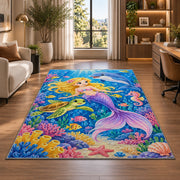 Mermaid and Ocean Friends Rug in a living room with a desk and large windows