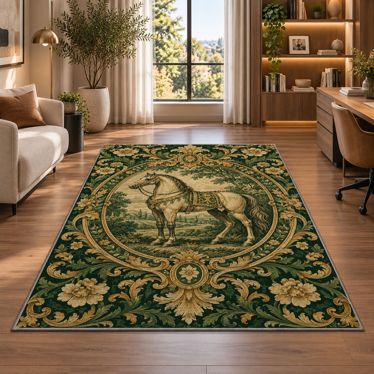 Vintage Engraved Horse Rug in a living room with a desk and large windows