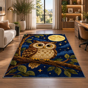 Owl and Full Moon Rug in a living room with a desk and large windows