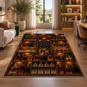 Home Bar Shelf Rug in a living room with a desk and large windows