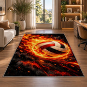 Flaming Volleyball Rug in a living room with a desk and large windows