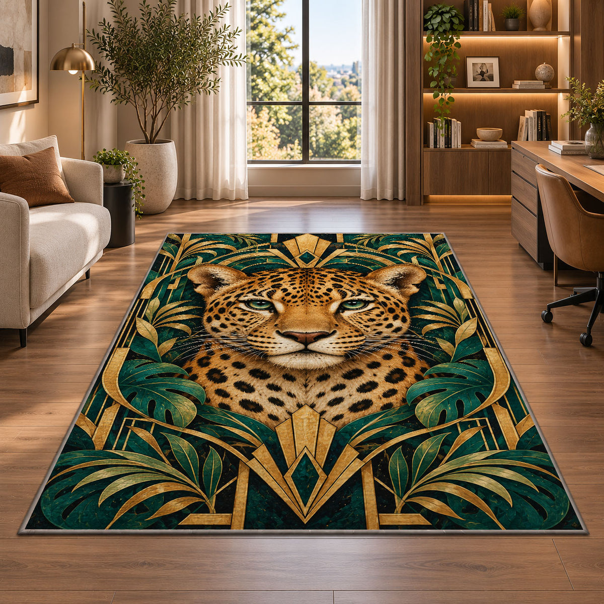 Art Deco Leopard Rug in a living room with a desk and large windows
