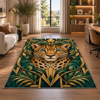 Art Deco Leopard Rug in a living room with a desk and large windows