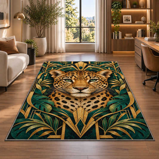 Art Deco Leopard Rug in a living room with a desk and large windows
