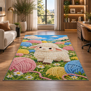 Sheep and Yarn Balls Rug in a living room with a desk and large windows