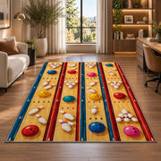 Bowling Alley Top View Rug in a living room with a desk and large windows