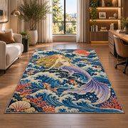 Japanese Wave Mermaid Rug in a living room with a desk and large windows