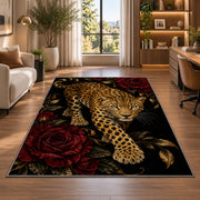 Leopard on Black with Roses Rug in a living room with a desk and large windows