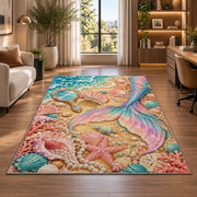 Mermaid Tail and Vanity Shells Rug in a living room with a desk and large windows