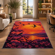 Birds at Sunset Rug in a living room with a desk and large windows