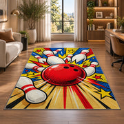 Pop Art Bowling Rug in a living room with a desk and large windows