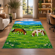 Horses Grazing by Fence Rug in a living room with a desk and large windows