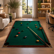 Billiards and Whiskey Rug in a living room with a desk and large windows