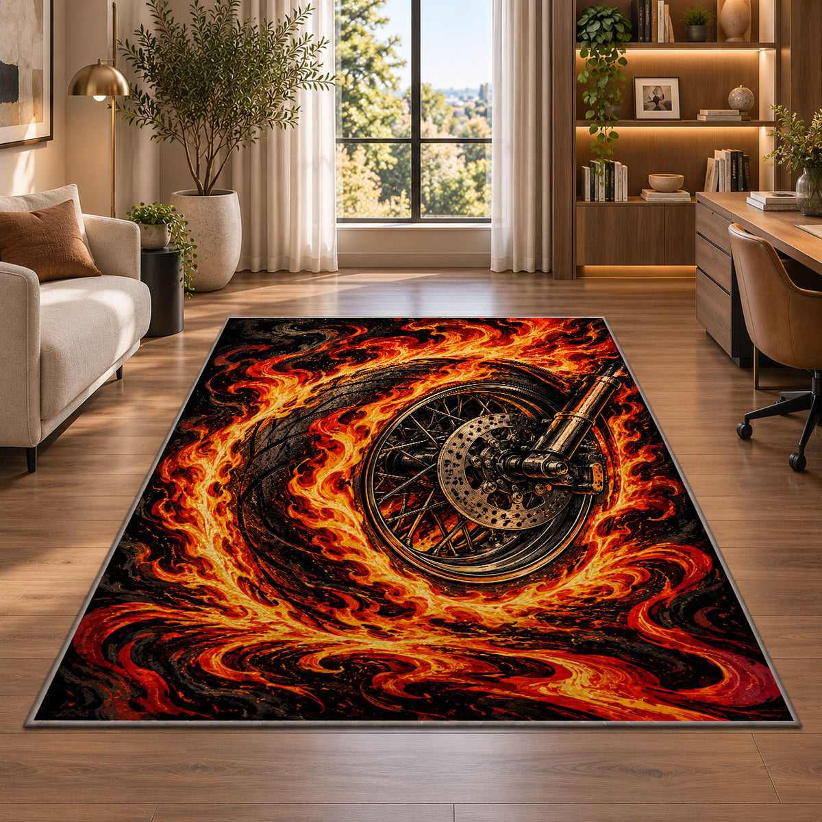 Flaming Motorcycle Wheel Rug in a living room with a desk and large windows