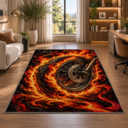 Flaming Motorcycle Wheel Rug in a living room with a desk and large windows
