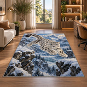 Leaping Snow Leopard Rug in a living room with a desk and large windows