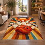Retro 70s Stripes Bowling Rug in a living room with a desk and large windows