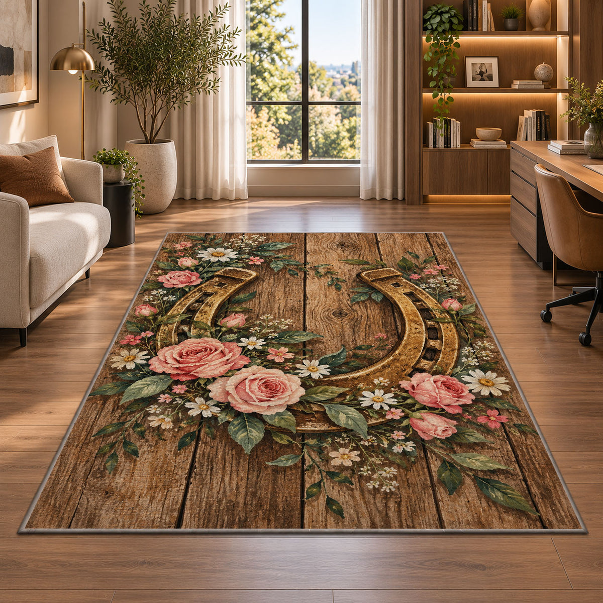 Horseshoe and Roses Rug in a living room with a desk and large windows