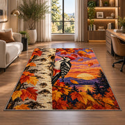 Woodpecker on Birch Rug in a living room with a desk and large windows