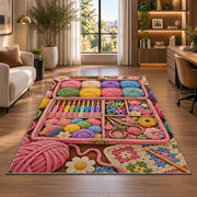 Crochet Supply Box Rug in a living room with a desk and large windows