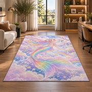 Rainbow Mermaid Rug in a living room with a desk and large windows