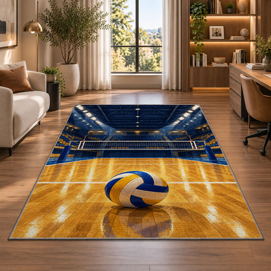 Indoor Volleyball Arena Rug in a living room with a desk and large windows