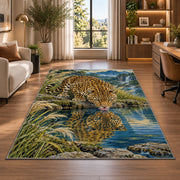 Leopard Drinking at Lake Rug in a living room with a desk and large windows