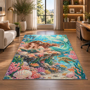 Mermaid Reading a Book Rug in a living room with a desk and large windows