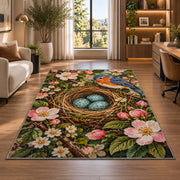 Bird Nest and Blue Eggs Rug in a living room with a desk and large windows