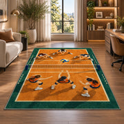 Volleyball Team on Court Rug in a living room with a desk and large windows