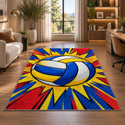 Pop Art Volleyball Rug in a living room with a desk and large windows