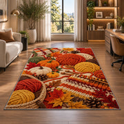 Autumn Yarn Rug in a living room with a desk and large windows