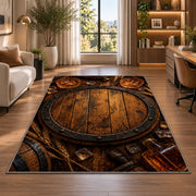 Oak Barrel Head Rug in a living room with a desk and large windows
