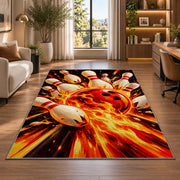 Flaming Bowling Ball Rug in a living room with a desk and large windows