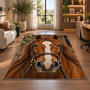 Horse Face Close-Up Rug in a living room with a desk and large windows