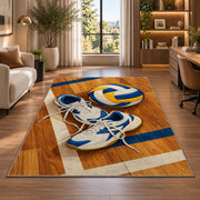 Volleyball Shoes on Court Rug in a living room with a desk and large windows