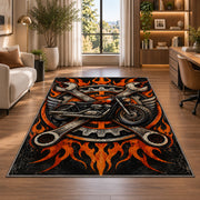 Motorcycle and Crossed Wrenches Rug in a living room with a desk and large windows